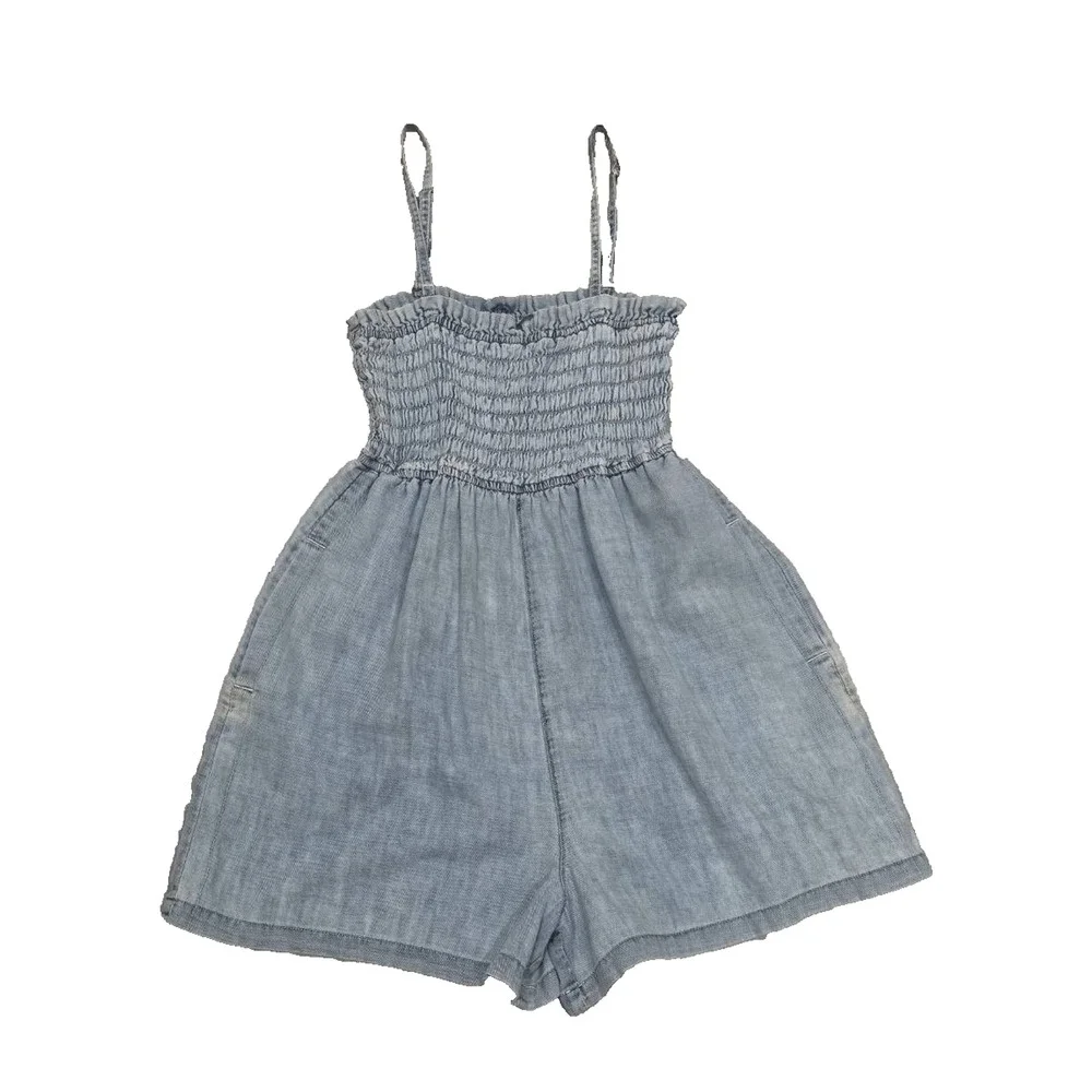 Anthropologie Pilcro Sleeveless Smocked Preppy Y2K Romper Washed Blue XS A004896 - Picture 3 of 11